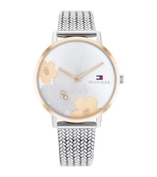 Дамски кварцов часовник в сребристо и златисто с цветя снимка