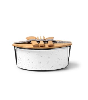 Бяла метална кутия за храна с бамбуков капак и прибори EVELIN снимка