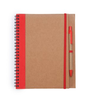 Тетрадка със спирала и твърди корици в бежово и червено с химикалка ALANI снимка