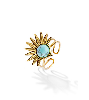Ефектен позлатен дамски пръстен с елемент в тюркоаз снимка