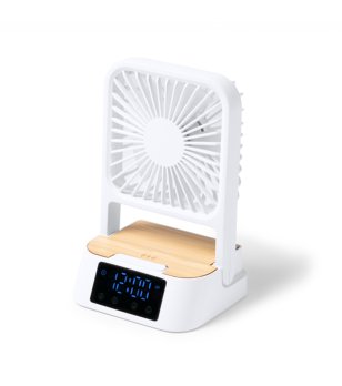 Настолен вентилатор с безжично зарядно и часовник FUYI в бяло снимка