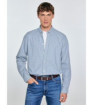 Памучна мъжка риза на каре в бяло и светлосиньо Gibbsoner снимка