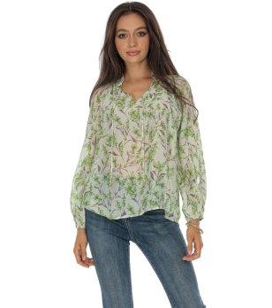 Ефирна дамска блуза в екрю с принт в зелено снимка