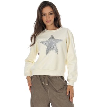 Дамски пуловер в цвят крем със звезда снимка