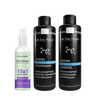 Комплект от шампоан и балсам с кератин и спрей за коса снимка