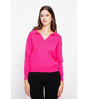 Цикламен дамски пуловер с яка снимка