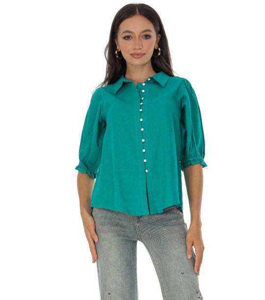 Зелена дамска риза от памук и лен снимка