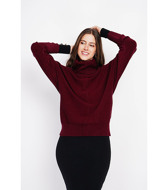 Дамски пуловер в бордо с ефектна яка снимка