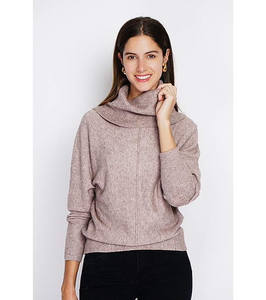 Дамски пуловер в бежово с ефектна яка снимка