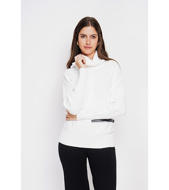 Дамски пуловер в цвят крем с ефектна яка снимка