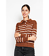 Дамски оversize пуловер в кафяво на бяло райе-2 снимка