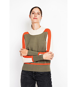 Дамски пуловер в цвят каки, бежово и оранжево снимка