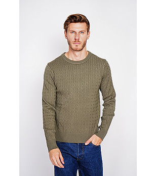 Мъжки пуловер в цвят каки с плетеници снимка