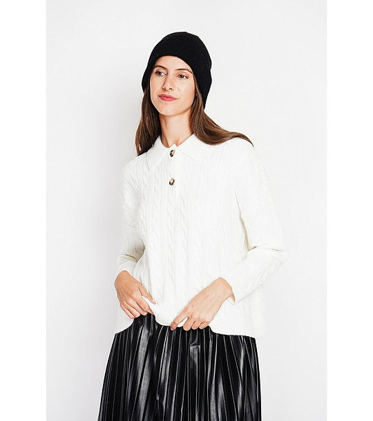 Дамски пуловер в цвят крем с плетеници снимка