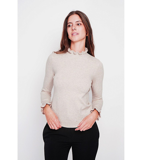 Дамски пуловер в цвят крем с къдрички снимка