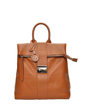 Дамска раница от естествена кожа в цвят коняк Sima снимка