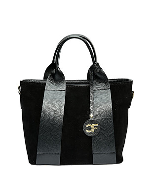 Черна дамска чанта от естествена кожа и велур Indiasa снимка