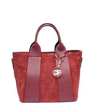 Дамска чанта в бордо от естествена кожа и велур ndiasa снимка