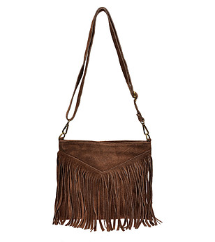 Дамска чанта за рамо с ресни в тъмнокафяво снимка