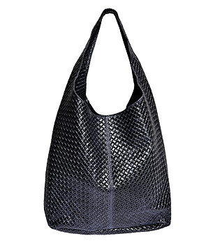 Тъмносиня дамска кожена чанта с релеф снимка