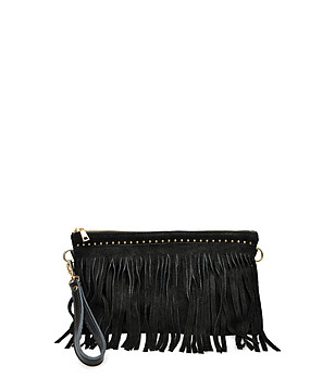 Дамска черна кожена клъч чанта с ресни снимка