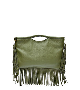 Зелена дамска чанта от естествена кожа с ресни снимка