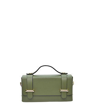 Малка дамска кожена чанта тип куфарче в зелено снимка