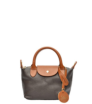 Кожена  дамска чанта в таупе и кафяво снимка