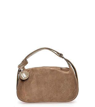 Кафява дамска чанта от естествен велур в цвят таупе снимка