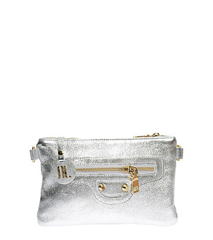 Сребриста дамска кожена чанта за рамо Hestia снимка