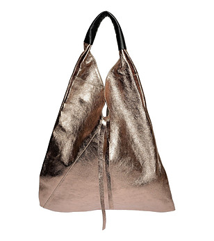 Дамска мека кожена трапецовидна чанта в бронзов нюанс снимка