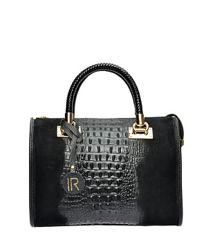 Черна кожена чанта с релефни елементи Julina снимка