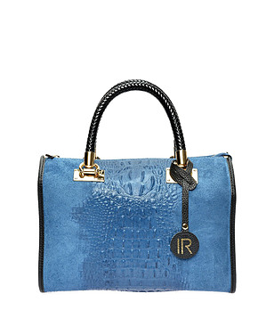 Синя кожена чанта с релефни елементи Frances снимка