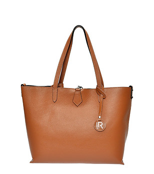 Трапецовидна дамска кожена чанта в цвят коняк снимка