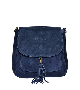 Тъмносиня дамска велурена чанта снимка