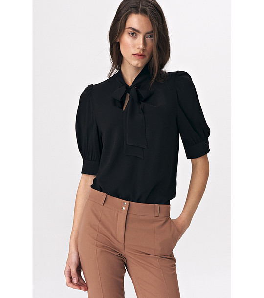 Черна дамска блуза с буфан ръкави снимка