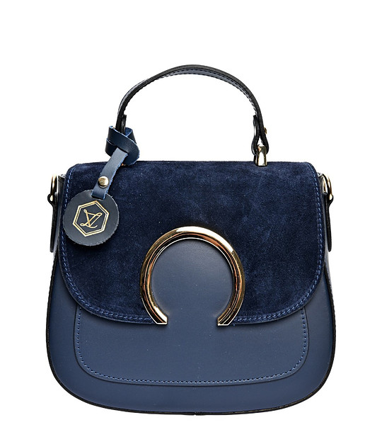 Тъмносиня кожена чанта през рамо снимка