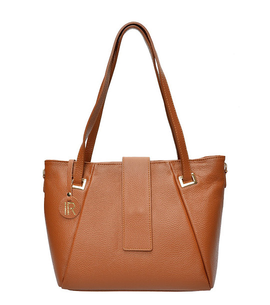 Дамска чанта от естествена кожа в цвят коняк снимка