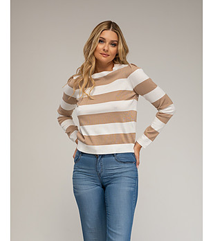 Дамски тънък пуловер на райе в бежово и бяло снимка