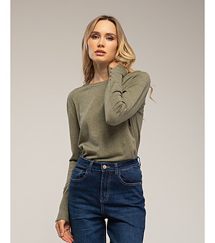 Тънък дамски пуловер в цвят каки с копчета снимка