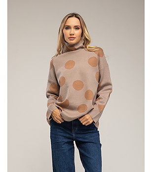 Дамски пуловер в цвят камел на точки снимка