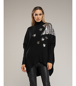 Дамски овърсайз пуловер в черно със сребриста декорация снимка