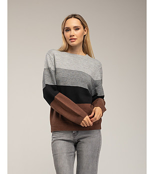 Дамски пуловер в сиво, кафяво и черно с вълна снимка