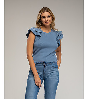 Сина дамска блуза с къдрички снимка