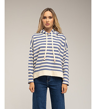 Памучен дамски суитшърт на райе в екрю и синьо снимка