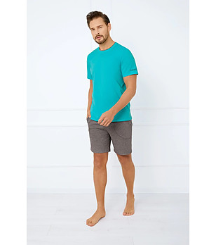 Мъжка лятна памучна пижама Krystian в тюркоаз и сиво снимка