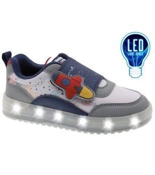 Сиви детски маратонки със светеща LED подметка и велкро с космическа тема снимка