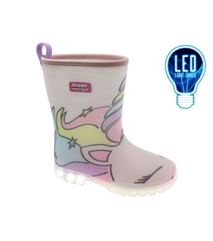 Детски розови гумени ботуши с принт на еднорог и светеща LED подметка снимка