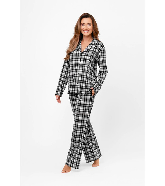 Карирана дамска памучна пижама с копчета в черно и бяло Klara снимка