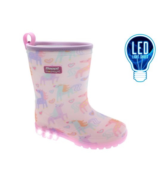 Розови детски гумени ботуши с принт на еднорог и LED подметка снимка